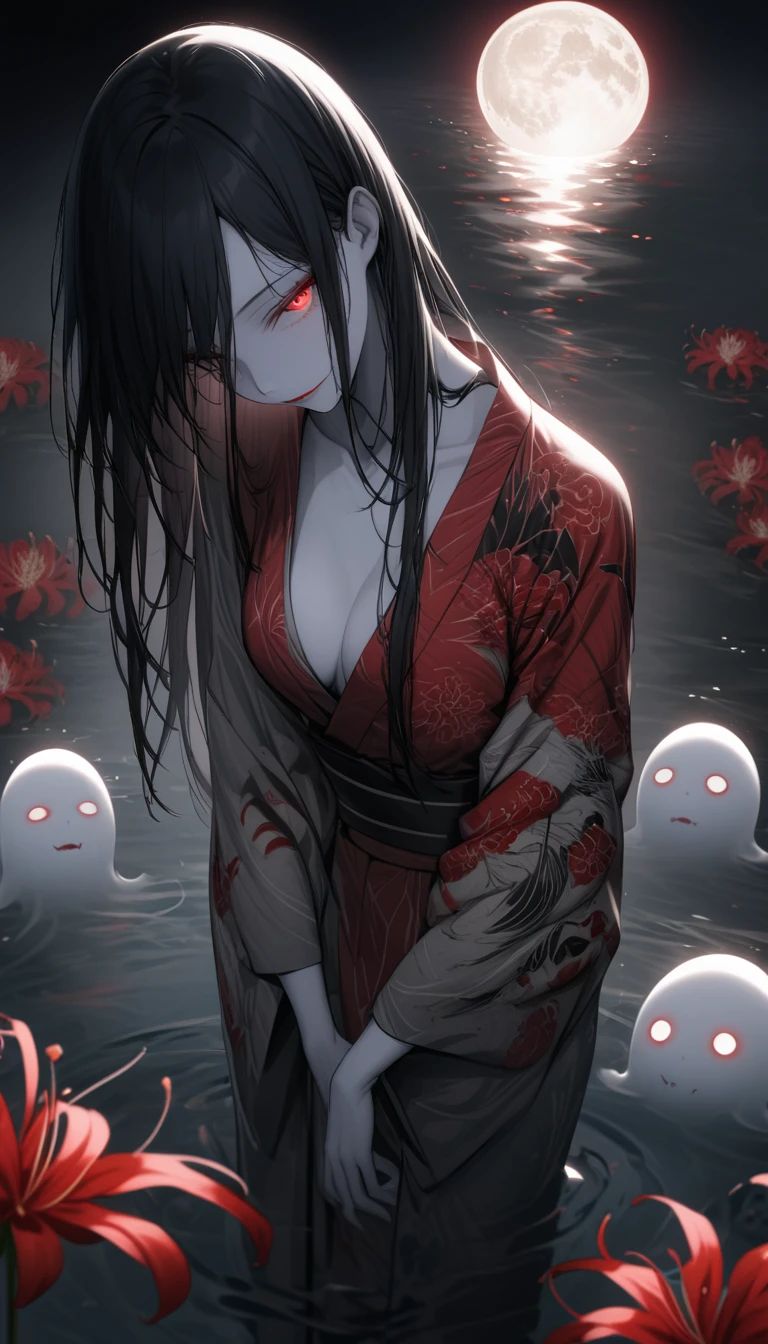 Black, white and red spider lilies in full bloom illuminated by the light of the full moon,A light-colored kimono that is so thin it is almost transparent,Beautiful long straight black hair,Red lipstick,A mysterious and seductive smile,Pale skin,Standing by the water,Japan Ghost Story,Open your yukata and expose your shoulders