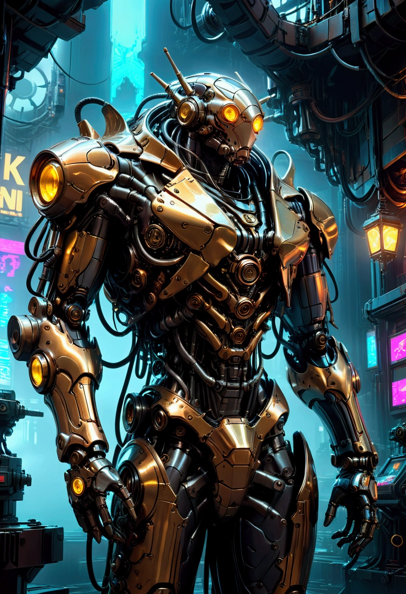 A massive mechanical creature, intricate gears and machinery, glowing neon-like lights, cyberpunk aesthetic, futuristic environment, intricate metallic textures, dynamic pose, cinematic lighting, (4k,8k,highres:1.2), ultra-detailed, machinery, steam punk, industrial, advanced technology, advanced robotics, complex design, dynamic movement, powerful presence, ominous atmosphere, masterpiece, best quality, very aesthetic, absurdres