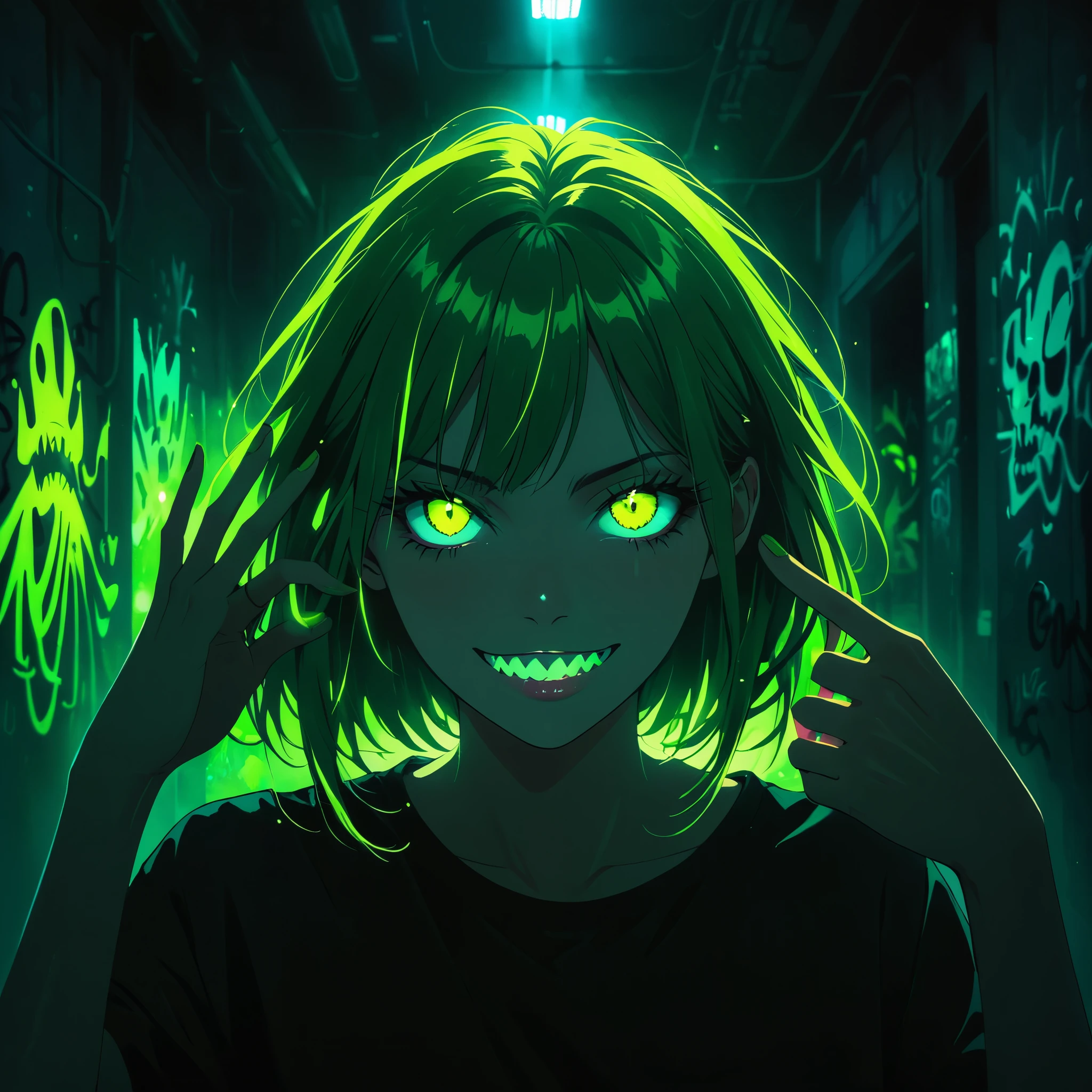 A mysterious giant eye in a dark, minimalist graffiti-style room, with a girl in an oversized black T-shirt and messy green fluorescent hair, hand raised and touching her hair. The girl has detailed eyes, lips, and face, with long lashes, pink eye shadow, and a grin showing shark teeth, making a middle finger gesture. The background is blurred, with a black wall and silhouettes, shrouded in darkness and a fluorescent green skull pattern graffiti. The lighting is fluorescent, creating a dark, edgy, and surreal atmosphere with expressive brushstrokes and a dynamic composition. ((Five_fingers)), ((more detail, enhnaced))