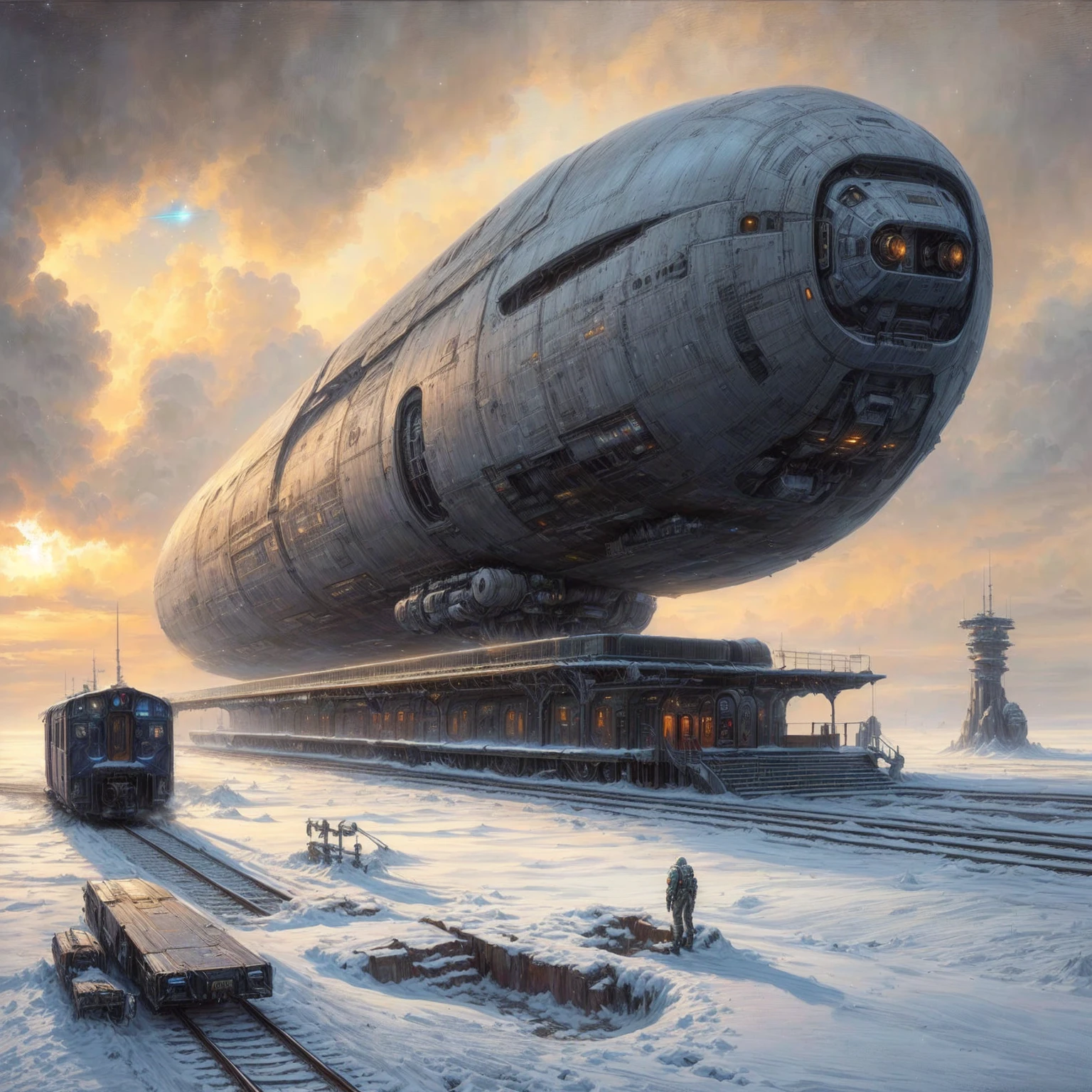 spaceship flying over a train station in a snowy landscape, detailed sci-fi art, science fiction art, award winning scifi art, ancient science fiction art, sci fi artwork, sci fi art, beautiful sci fi art, science fiction art ], inspired by Peter Elson, sci-fi artwork, sci - fi artwork, painting of ornate space ship, sci-fi art