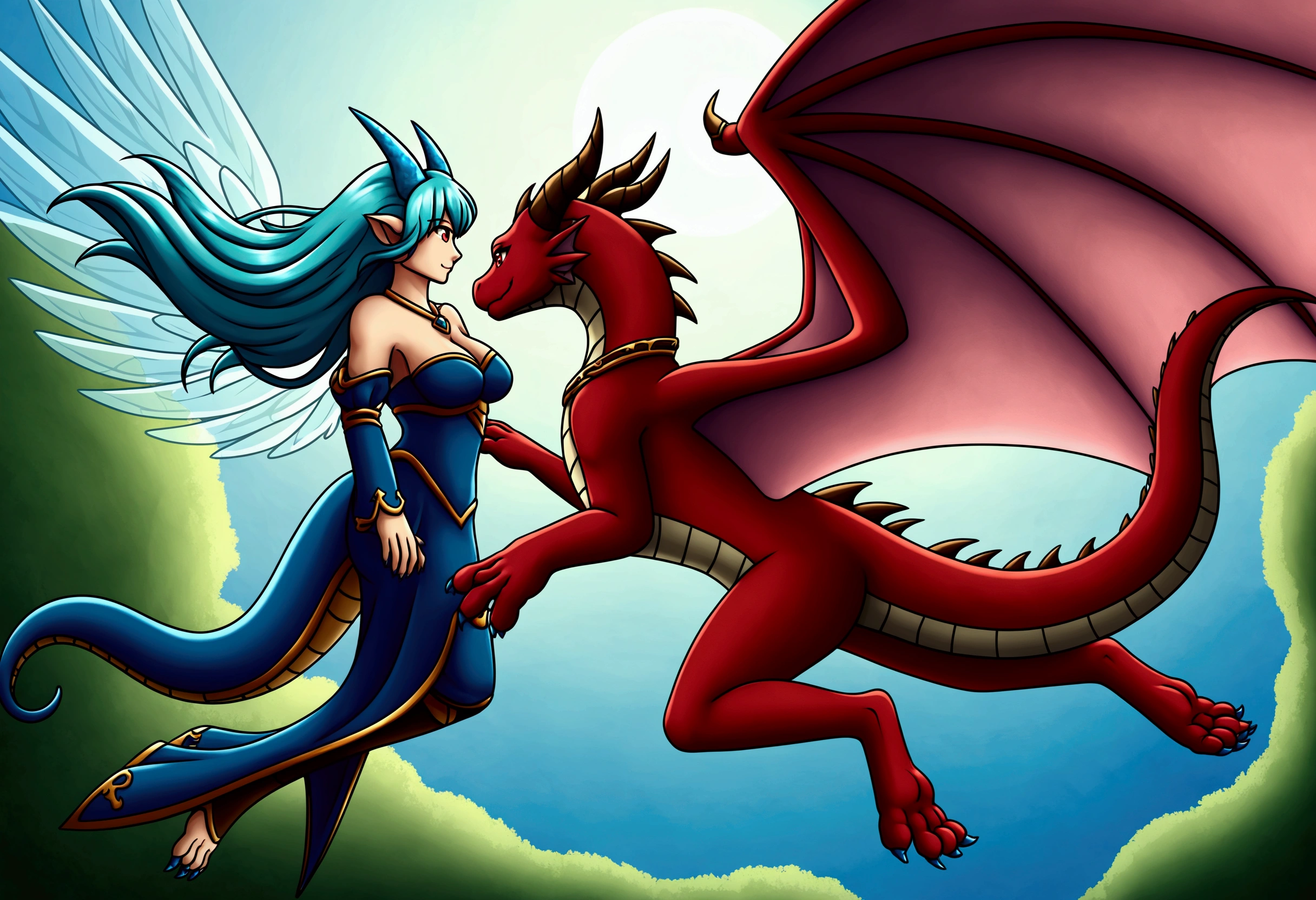 {{{masterpiece}}}, {{best quality,shiny,illustration, official off,shiny,lens flare,bloom efect, clothes reflecting light}}},1girl,monster,creatures,aqua princess,,{{aqua hair}},{{red streaked hair}},{{dragon wings,large wings}}, ruby necklace,{{aqua horns}},off shoulder,{{long,sleeves,aqua sleeves}},blue dress,dragon tail,water,flying,medium breasts,{{{{{dragon hands, dragon claws,large hands}}}}},long hair,{{{round wingsl}}},rpg , game cg, floating hair,granblue fantasy, , dynamic angle,pink light,cowboy shot,blue claws,{{{aqua hands,aqua arms}}},aqua body,jumping,{{{red wings,circle wings}}},armor