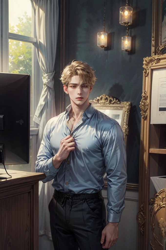 (masterpiece, best quality) character from highschool musical, handsome boy, anime face, with short hair, stylish clothes , modern home interior details