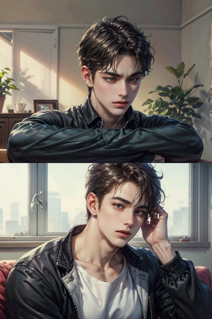 (masterpiece, best quality) character from highschool musical, handsome boy, anime face, with short hair, stylish clothes , modern home interior details