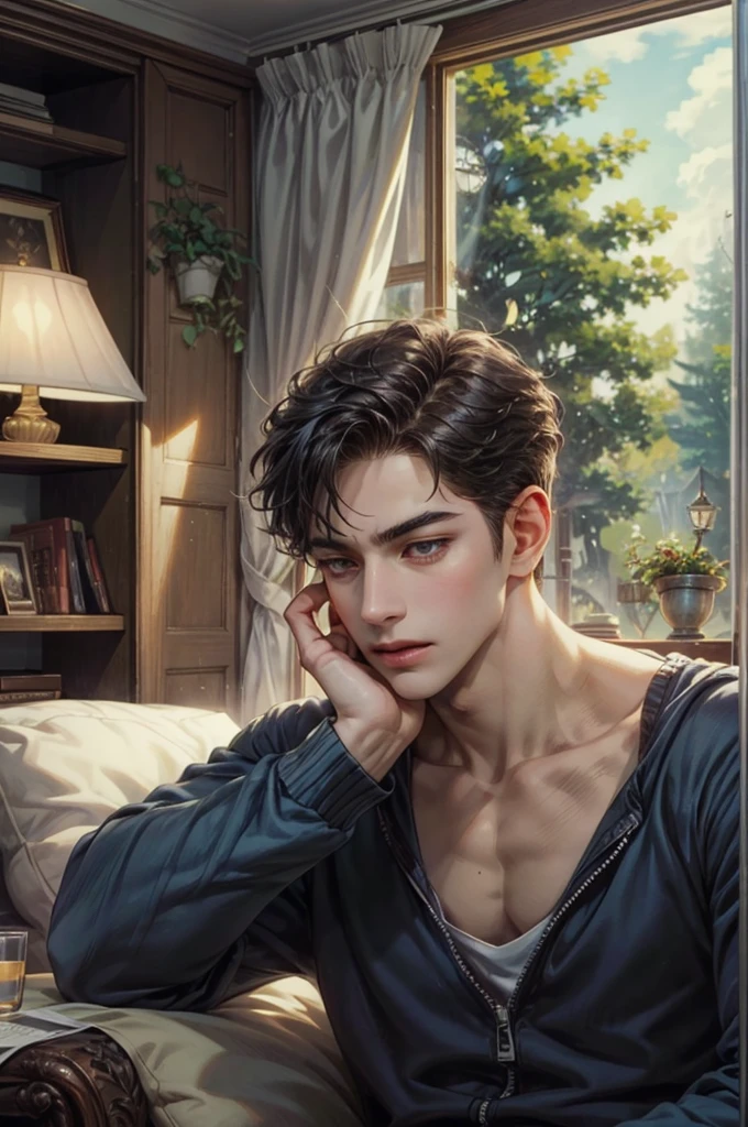 (masterpiece, best quality) character from highschool musical, handsome boy, anime face, with short hair, stylish clothes , modern home interior details