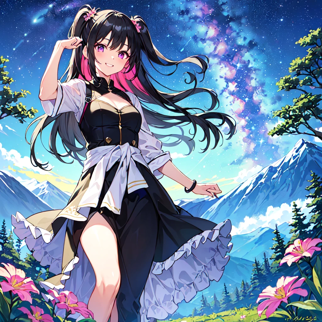 masterpiece, best quality, high quality, extremely detailed, very delicate and beautiful, (1 female 18 years old solo:1.5), (long black hair up to waist with two side up:1.5), bangs to eyebrows, eyes Eyes sharp and strong, glossy, eyebrows glossy, (eye color magenta:1.3), 6.5 head height, (summer mountaineering outfit:1.3), (smiling), (walking:1.3), (dynamic pose), (background summer mountain flowers forest:1.3) ,(Milky Way Night Sky:1.3)