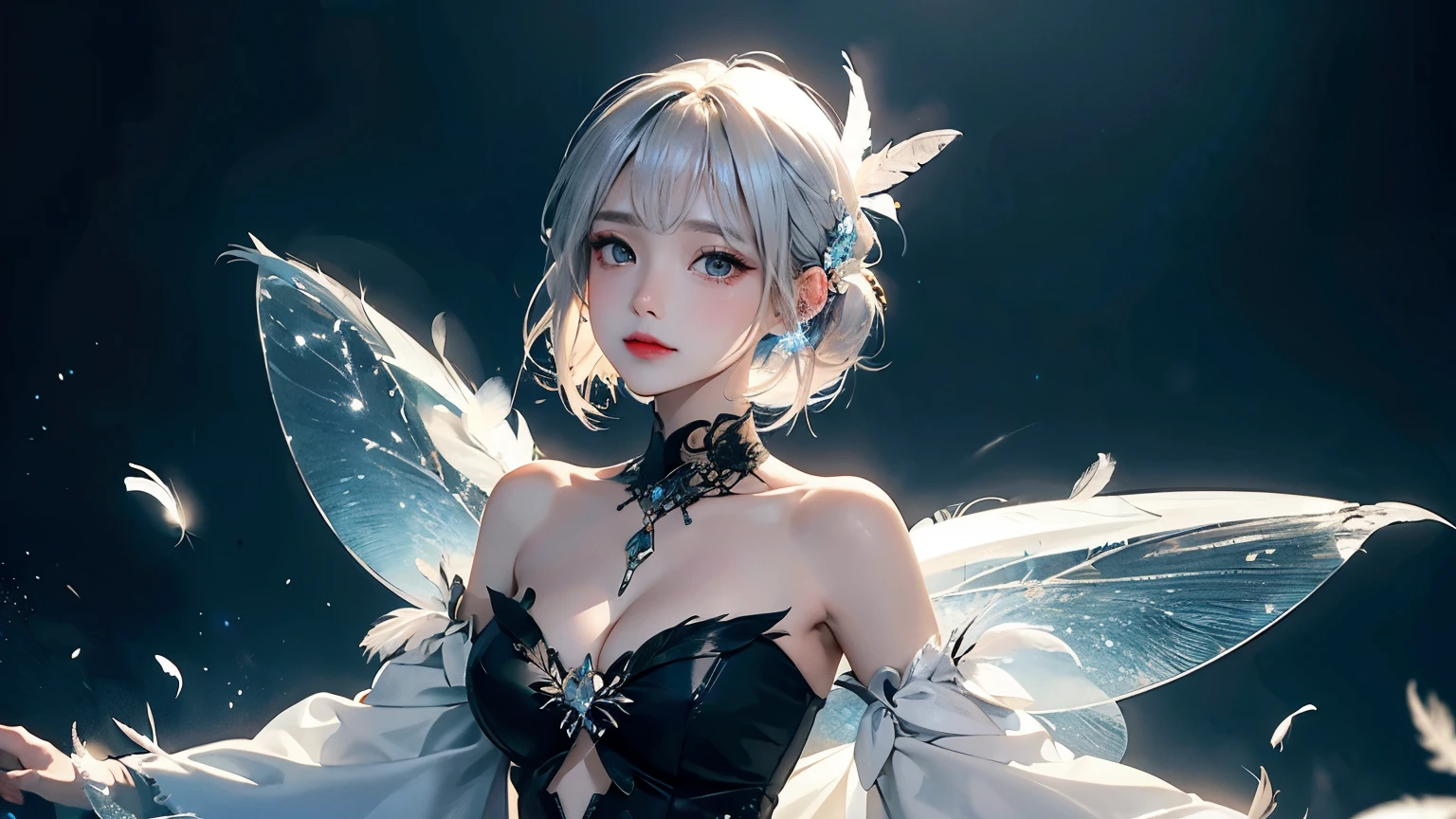 anime Fairy magic City monochrome romantic Calm Retro Style Elegant and detailed feather design Vintage Dresses accessories Light effects Gothic goddess Silver Hair