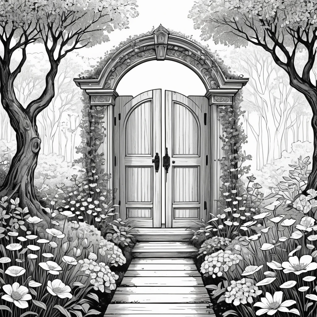 (poster composition,fine lineart, graphic novel style:1.35), ((monochrome, lineart:1.2)) of a secret garden with a wooden door, ((trees)), ((flowers)), ((coloring book:1.3)), cinematic, detailed, flat colors, inked lineart, paper grain