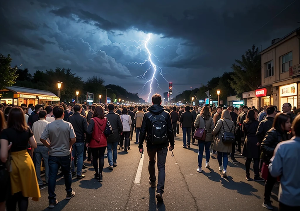 1. Illustrate the scene of a crowded street with people panicking about the end of the world, with dark skies and lightning striking in the background, in the style of ArtStation, trend, cinematic, thriller.