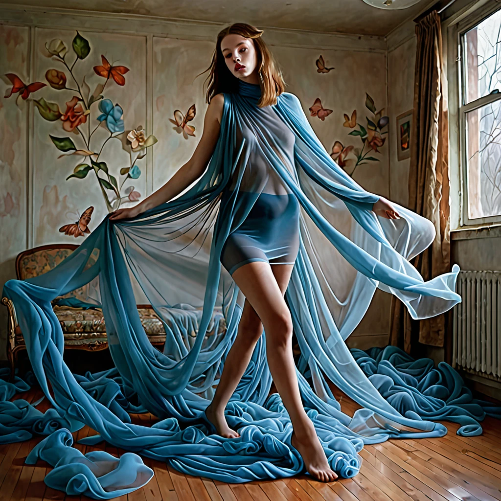 magical realism, a young woman covered in pantyhose fabric, pantyhose everywhere, ethereal, bizarre art