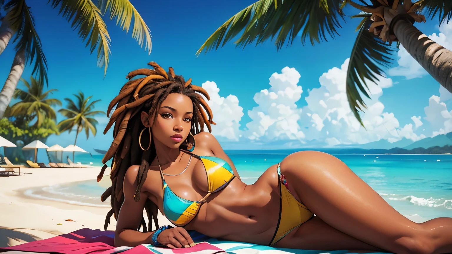 a beautiful jamaican woman, tan skin, dreadlocks, bikini, relaxing on a tropical beach, palm trees, ocean waves, sun shining, cinematic lighting, photorealistic, highly detailed, vibrant colors, realistic, 8k
