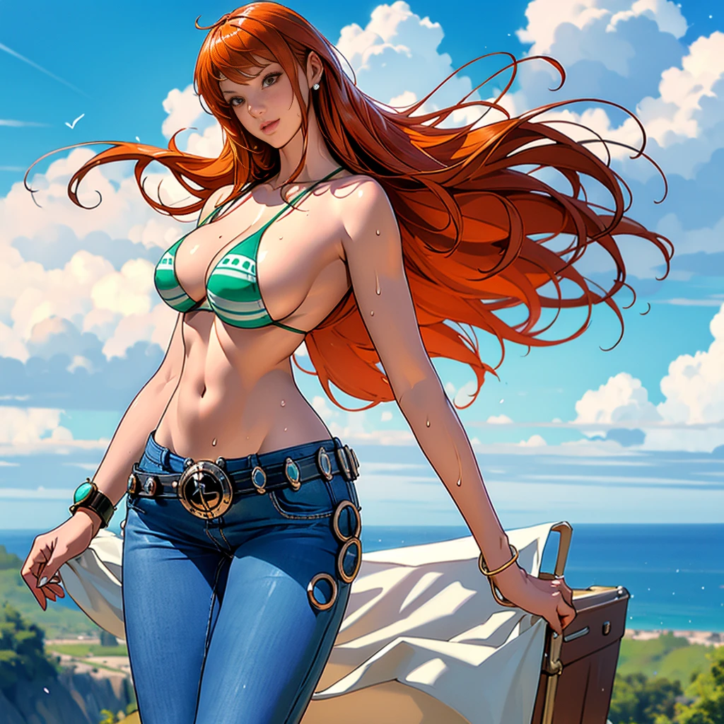 masterpiece, (Realistic:1.5), Highest quality, Beautiful lighting, Real Life, nami \(one piece\), (solo people only ), 2 or more people NG, , beautiful, perfect anatomy , , , Floating Hair, Long Orange Hair, Brown eyes, , Exposing shoulders, large chest, Cleavage, Slim waist, smile, , standing alone , Sweat-soaked skin, , green bikini top only, Bangles, bangs, Earrings, , bracelet,, between legs, jeans, green belt, jewelry, Log Pause, belly button, Wearing high heels, , , , , blue sky, cloud, , , , , , , Complex, Attention to detail, Sharp focus, dramatic, (RAW Photos, 8K Ultra HD, Film Grain), Caustics, Scattered beneath the surface, reflection