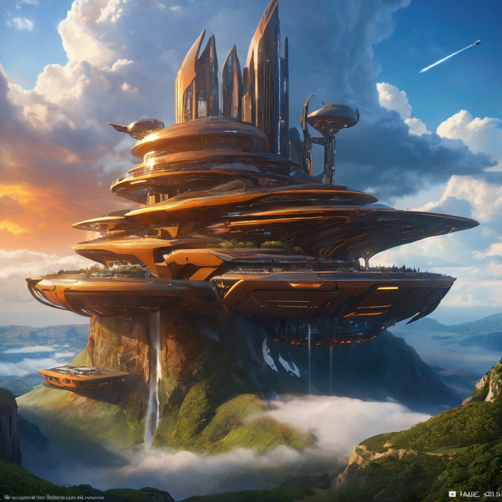Concept Art、Science Fiction、((Inspired by imeon Solomon )), half-mechanical、eden, Sky mountain view, Orange cloud. 8k、High Detail、masterpiece、