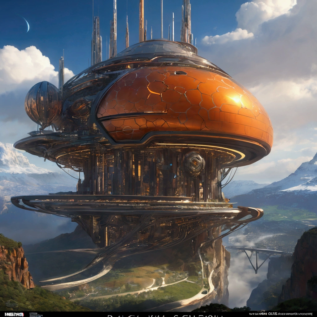 Concept Art、Science Fiction、((Inspired by imeon Solomon )), half-mechanical、eden, Sky mountain view, Orange cloud. 8k、High Detail、masterpiece、