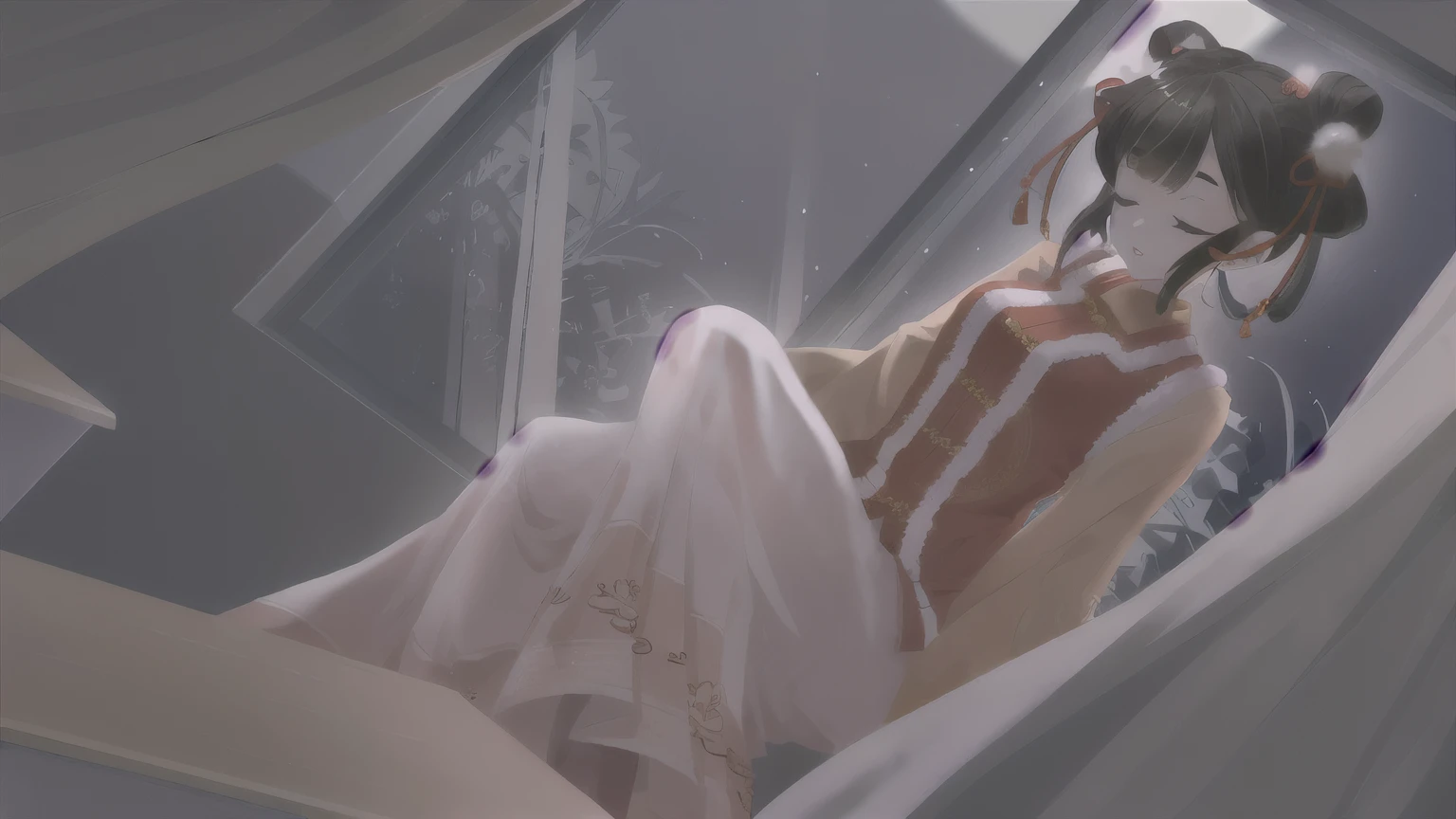 Anime girl sitting on the windowsill looking at the night view, palace , Girl wearing Hanfu, artwork in the style of Gu Weiss, Gu Weiss, by Shitao, Popular on cgstation, Gu Weiss on pixiv artstation, Yu Zhiding, Smooth anime CG art, Gu Weiss on artstation pixiv