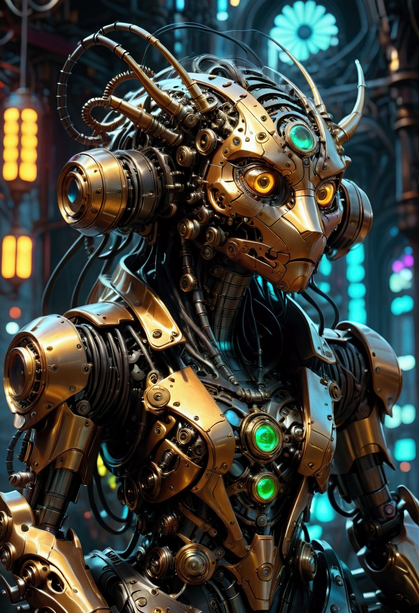 A massive mechanical creature, intricate gears and machinery, glowing neon-like lights, cyberpunk aesthetic, futuristic environment, intricate metallic textures, dynamic pose, cinematic lighting, (4k,8k,highres:1.2), ultra-detailed, machinery, steam punk, industrial, advanced technology, advanced robotics, complex design, dynamic movement, powerful presence, ominous atmosphere, masterpiece, best quality, very aesthetic, absurdres