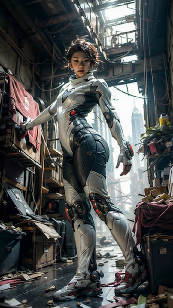 ((best quality)), ((masterpiece)), ((realistic)), (detailed), (photo-realistic:1.5), futuristic girl, (thick body), (white bodysuit), lights on armor, cybernetic headset, looking at viewer, dynamic pose, post-apocalyptic, destroyed city background, buildings on fire, sci-fi, high resolution, ray tracing, super resolution, subsurface scattering, PBR texturing, anisotropic filtering, depth of field, best sharpness and clarity, rule of thirds, 8K RAW, (luminous particles:1.4), (extremely detailed cg, unity 8k wallpaper, 3d, cinematic lighting, lens flare), reflection, sharp focus, cyberpunk art, cyberpunk architecture, moisturized skin, realistic body, (16 years old), (girl), (cute face), vivid colors, exciting atmosphere, unique, playful interaction, lively crowd, wind blowing, fantastic, dynamic, (fisheye lens), neon, cyberpunk movie, cyberpunk city, fight, war,