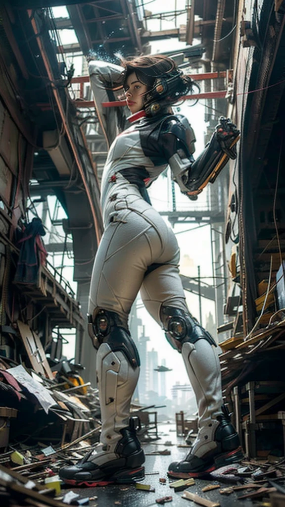((best quality)), ((masterpiece)), ((realistic)), (detailed), (photo-realistic:1.5), futuristic girl, (thick body), (white bodysuit), lights on armor, cybernetic headset, looking at viewer, dynamic pose, post-apocalyptic, destroyed city background, buildings on fire, sci-fi, high resolution, ray tracing, super resolution, subsurface scattering, PBR texturing, anisotropic filtering, depth of field, best sharpness and clarity, rule of thirds, 8K RAW, (luminous particles:1.4), (extremely detailed cg, unity 8k wallpaper, 3d, cinematic lighting, lens flare), reflection, sharp focus, cyberpunk art, cyberpunk architecture, moisturized skin, realistic body, (16 years old), (girl), (cute face), vivid colors, exciting atmosphere, unique, playful interaction, lively crowd, wind blowing, fantastic, dynamic, (fisheye lens), neon, cyberpunk movie, cyberpunk city, fight, war,