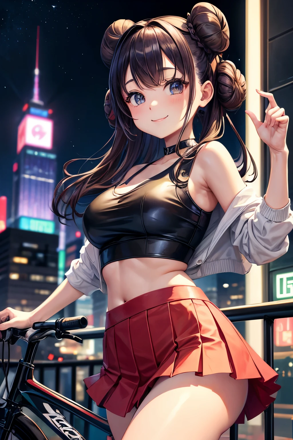 masterpiece、最高masterpiece、Masterpiece、beautiful girl、double bun hair, blunt bangs, Ultra mini skirt、Crop top、Midnight Tokyo、Night view、Riding a bike through the city、smile