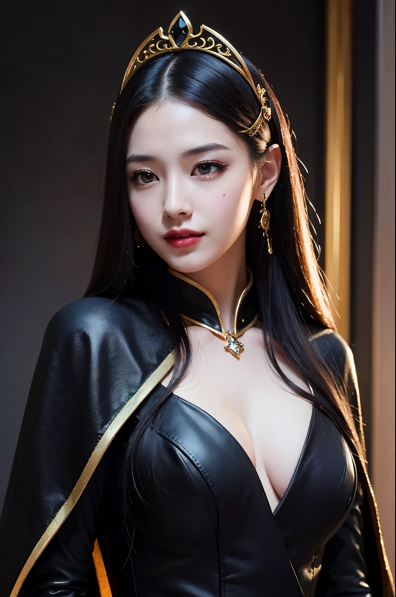 8k,とてもSmall breasts,Long black hair,Close-up of a woman in a black evil god costume holding a one-handed sword, Beautiful fantasy empress, ((Beautiful fantasy empress)), Small breasts , Very detailed, Very detailed , Up to the model | Types of bacteria, Trending on cgstation, Pan Zhenwei Art Station, Gorgeous black cloak,Ultra-high resolution,Ultra-Realistic Skin,Beautiful expression,Fantasy art,Laughter(Like the real thing),非常にSmall breasts ,Straight hair,Golden Eyes,black gemstone earrings,black gemstone necklace,Luxurious black gauntlets,Black lipstick,Black eyeshadow,Evil God Makeup,Dynamic fighting pose,Rich colors, Backlight, Cinema Lighting, Film Grain, to be born, 50mm lens, Nikon D850,Compensate,View your audience,Toned, muscular lower body,Muscular Beauty,compensate,Big smile,Gorgeous black and gold long skirt,