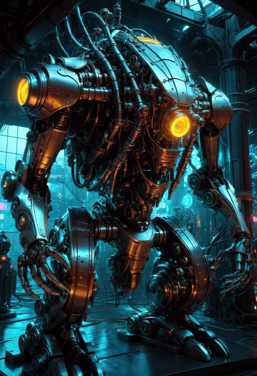 A massive mechanical creature, intricate gears and machinery, glowing neon-like lights, cyberpunk aesthetic, futuristic environment, intricate metallic textures, dynamic pose, cinematic lighting, (4k,8k,highres:1.2), ultra-detailed, machinery, steam punk, industrial, advanced technology, advanced robotics, complex design, dynamic movement, powerful presence, ominous atmosphere, masterpiece, best quality, very aesthetic, absurdres