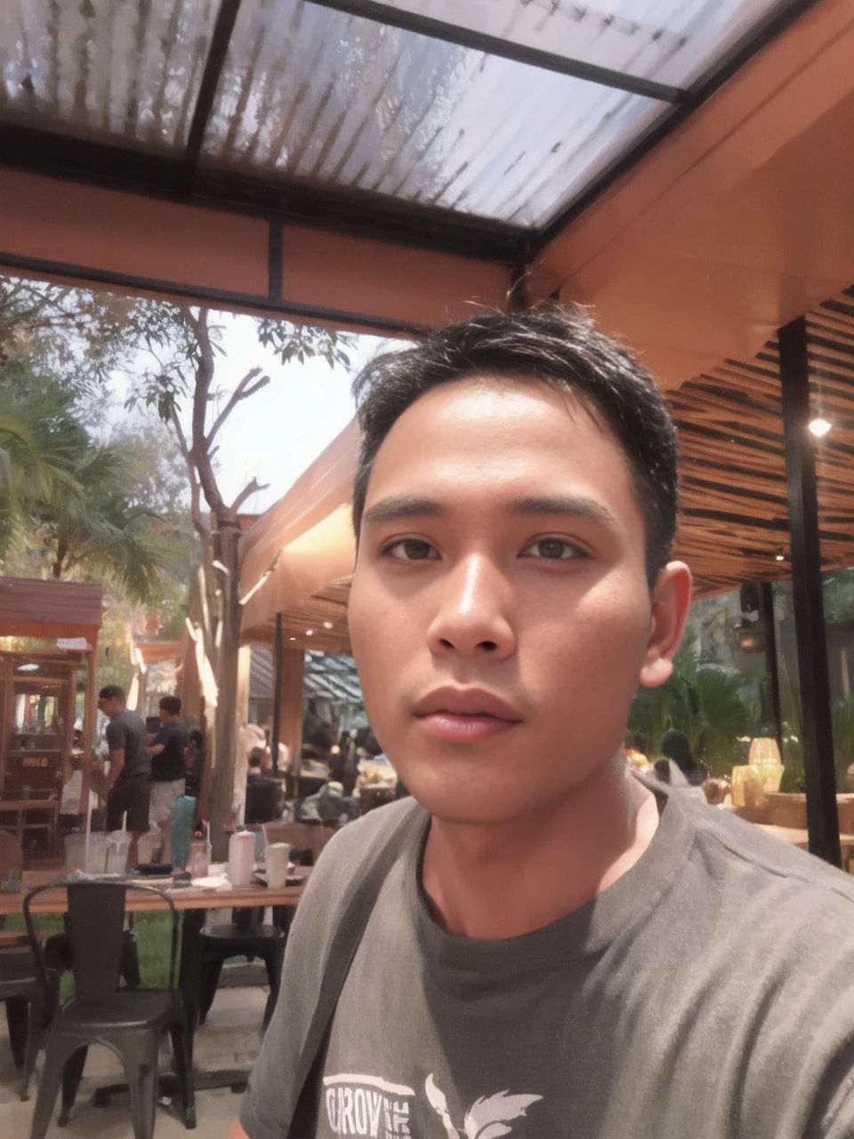 Natural light, realistic, Thai man, ทรงผมสั้น buzz cut, Handsome, muscular, big muscles, Broad shoulders, model,  Wearing a navy blue polo shirt and jeans, he stood and smiled. , outdoor outside