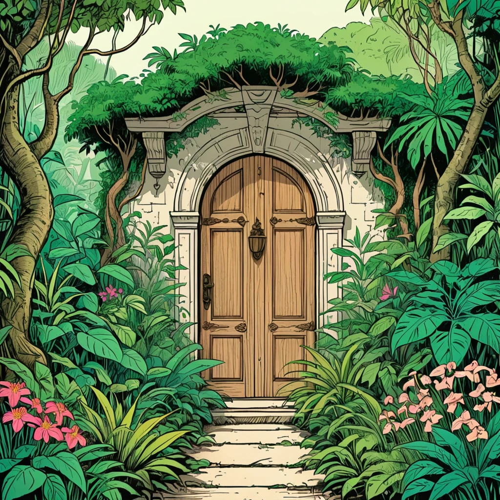 (poster composition,fine lineart, graphic novel style:1.35), ((closeup headshot:1.2)) of a secret garden with a wooden door, ((trees)), ((flowers)), ((jungle, trees:1.3)), cinematic, detailed, flat colors, inked lineart, paper grain