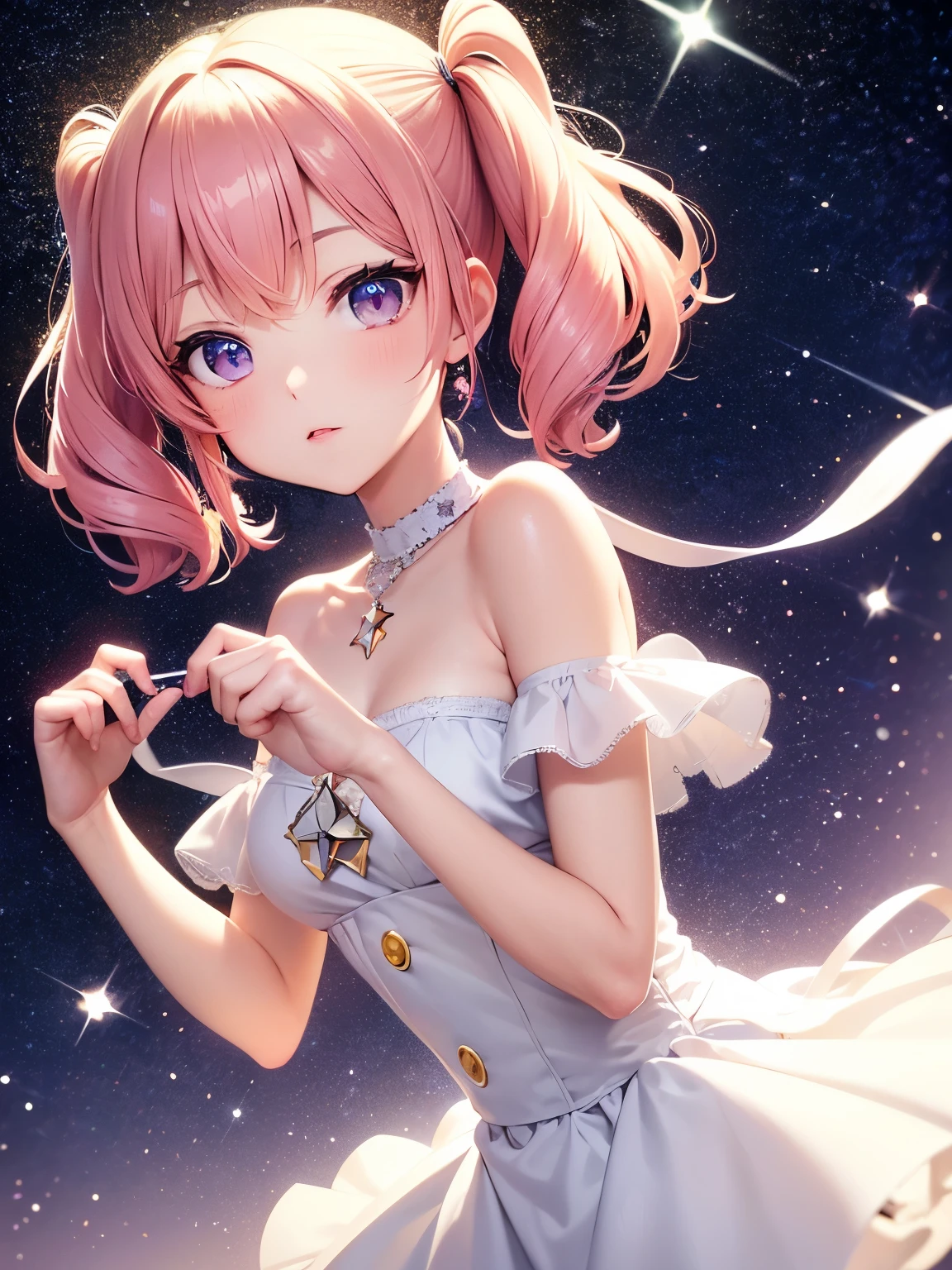 {{{ultra detailed,best quality,highres ,contemporary,}}},,cute,production art,aurora hair,twinkle hair,young,crystal, soul gem, pink hair,twintails,{{{light particles}}},shining,short hair,red ribbon,red eyes,chaos color eyes,jewelry eyes,shining hair,detailed beautiful eyes,short sleeves, lolita fashion, white clothes, star (symbol), twinkle,glitter,round eyes,gradient hair,holding crystal,{{shining,shining crystal}}, light rays, dramatic shadows,reflection light,{{{,colorful light}}},symbol in eyes, dynamic angle, looking own hands,dramatic shadows,backlighting,{{{{{white background}}}}},flying,{{{round pose}}}},tube top, {{{wind,star (symbol)}}},aqua highlight,yellow highlight,round highlight,
