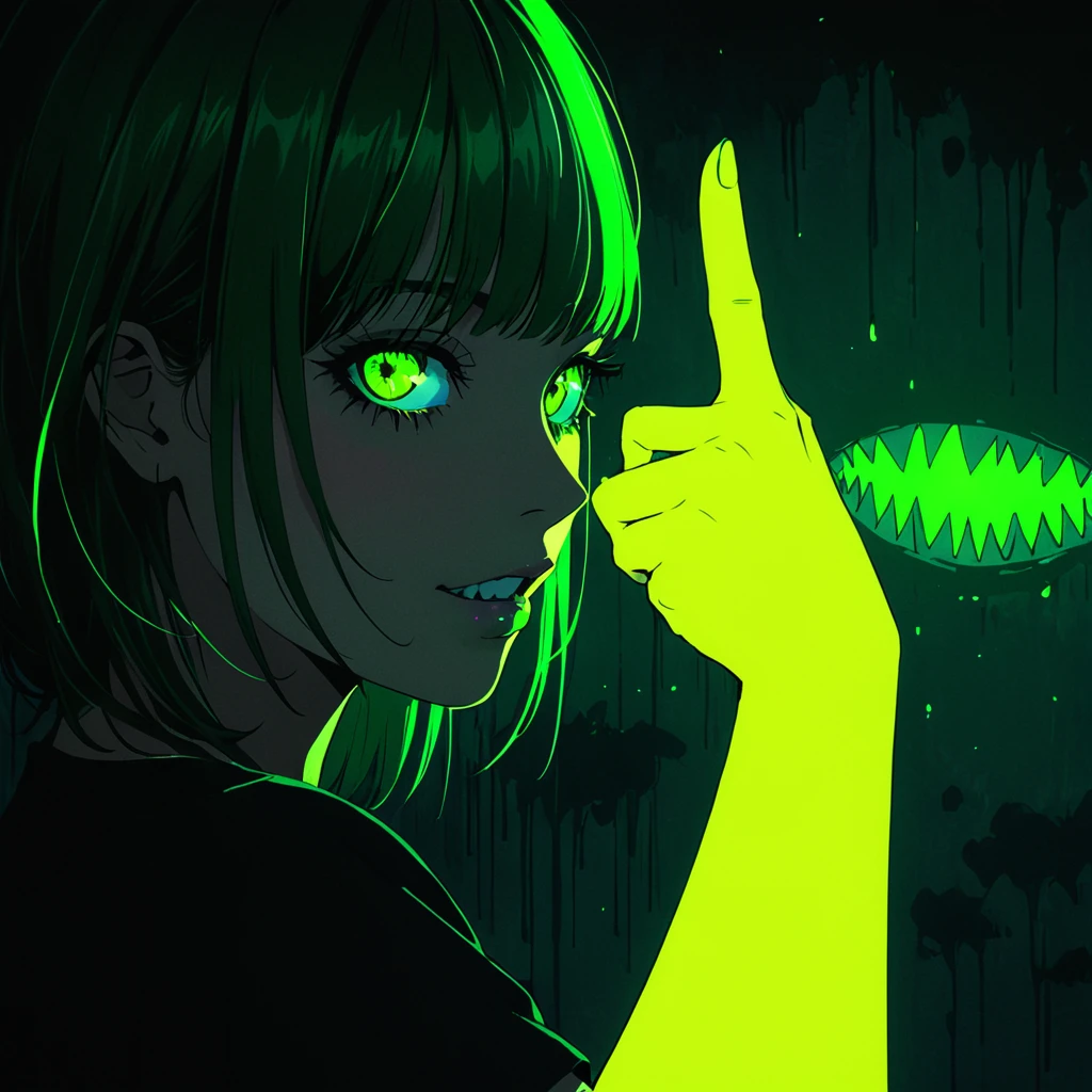 A mysterious giant eye in a dark, minimalist graffiti-style room, with a girl in an oversized black T-shirt and messy green fluorescent hair, hand raised and touching her hair. The girl has detailed eyes, lips, and face, with long lashes, pink eye shadow, and a grin showing shark teeth, making a middle finger gesture. The background is blurred, with a black wall and silhouettes, shrouded in darkness and a fluorescent green skull pattern graffiti. The lighting is fluorescent, creating a dark, edgy, and surreal atmosphere with expressive brushstrokes and a dynamic composition.