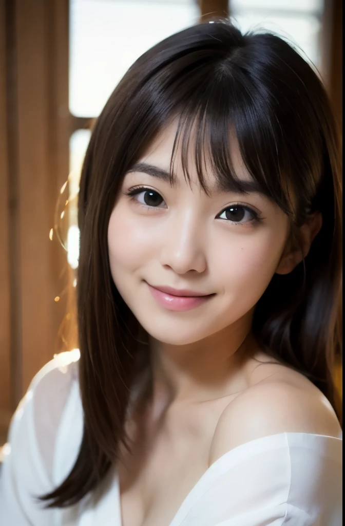 best quality, face focus, soft light, ultra high res, (photorealistic:1.4), RAW photo, Shinozaki Ai, white skin, 
1 Japanese girl, solo, cute, kawaii, smile, (pupil, lights in the eyes),  detailed beautiful face, busty,(high resolution detail of human skin texture),(long hair),(portrait), upper body, white traditional kimono, in the bedroom, Good look