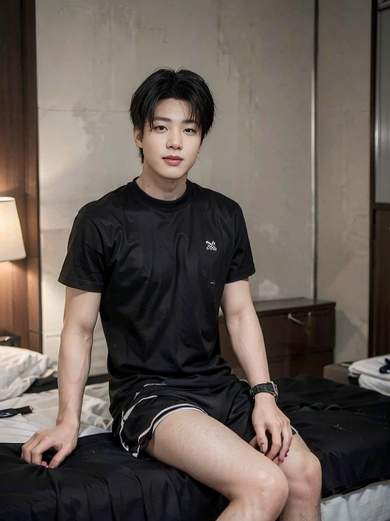 A young Asian man sitting on a large bed, handsome, detailed smirk, muscular, looking at the camera. black T-shirt, black shorts, In a hotel room