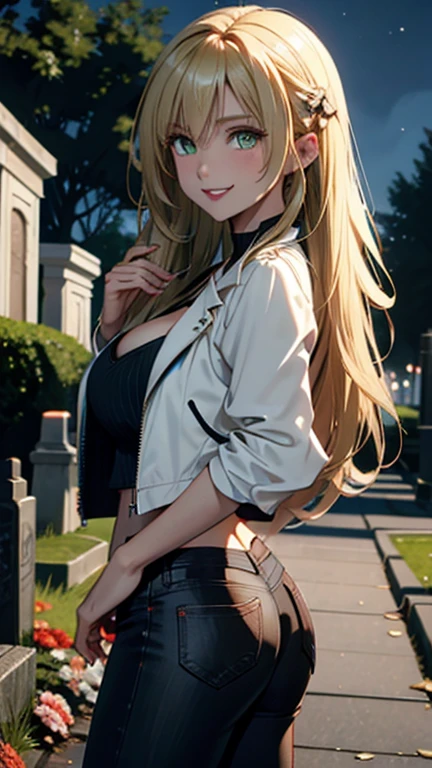 Woman, white skin, green eyes, blond hair, wavy hair, straight hair, bangs, long hair, hair in the wind, cemetery at night, tight jeans, black boots, very low-cut top, white top, transparent top, open jacket, red jacket , walking, horror, great cleavage, smiling, looking at camera, red lips, athletic, bats in the sky, scary atmosphere, shot from behind.