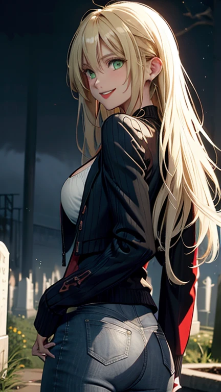 Woman, white skin, green eyes, blond hair, wavy hair, straight hair, bangs, long hair, hair in the wind, cemetery at night, tight jeans, black boots, very low-cut top, white top, transparent top, open jacket, red jacket , walking, horror, great cleavage, smiling, looking at camera, red lips, athletic, bats in the sky, scary atmosphere, shot from behind.