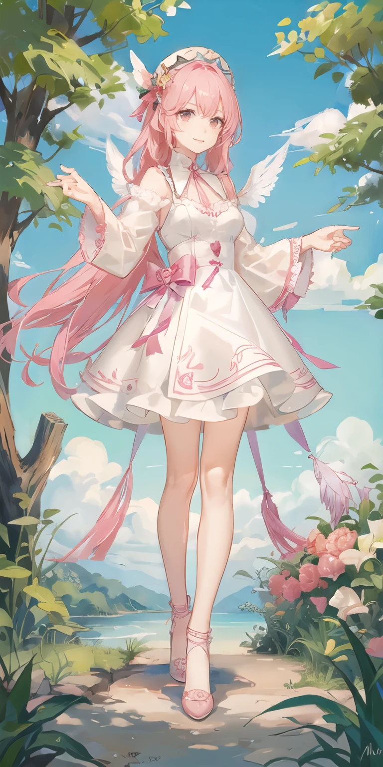 a girl with pink long with wings and smilling. she is a goddesee, (Full Body) (Forest Background)
