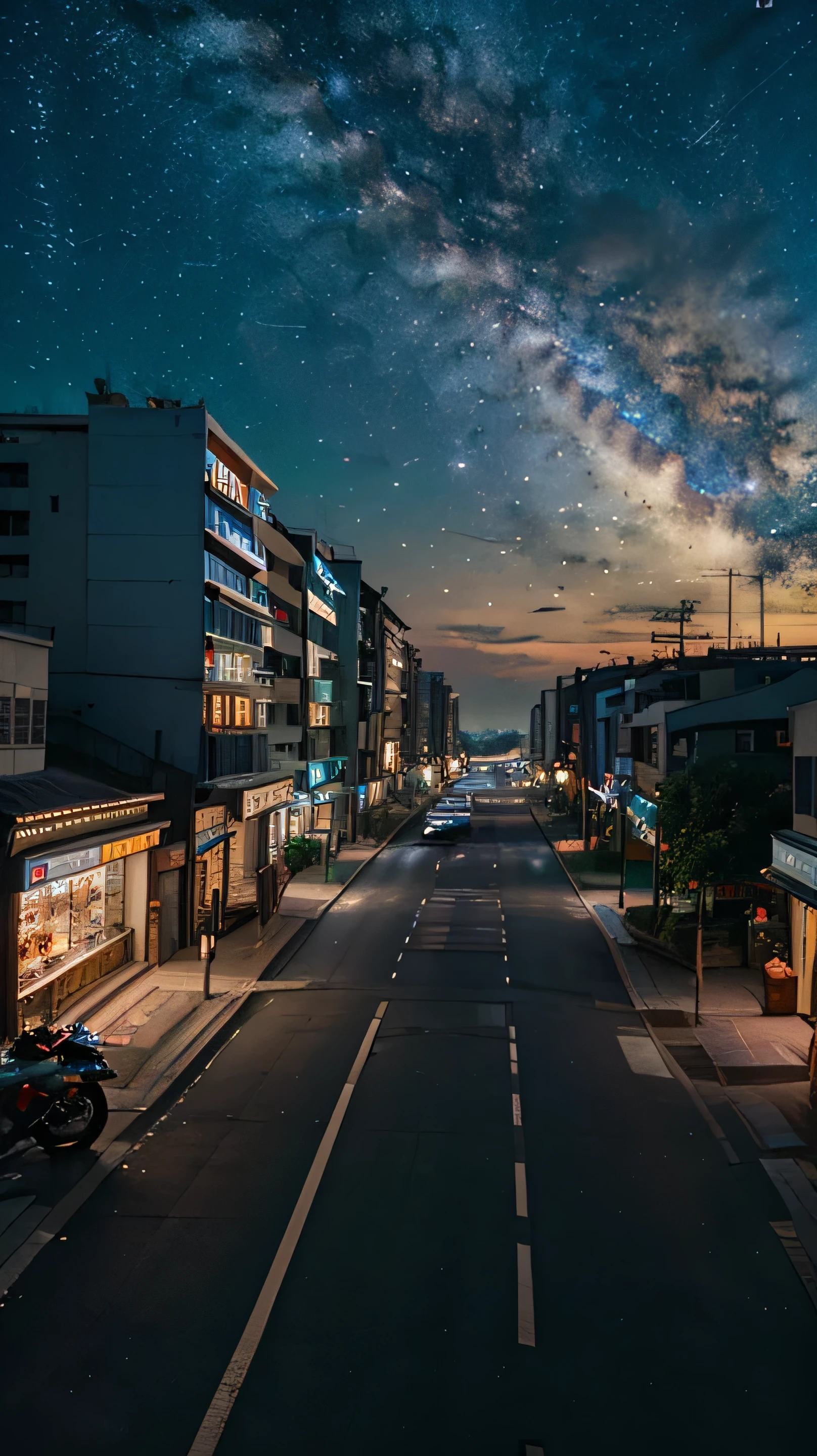 Chinese city,Deserted road, star (heaven), landscape, starry heaven, natta, ManRear view, natta heaven, , Building, cloud, milky way, walking, contour, cityscape, hohe Building, Shops Kiosk, multi-storey buildings