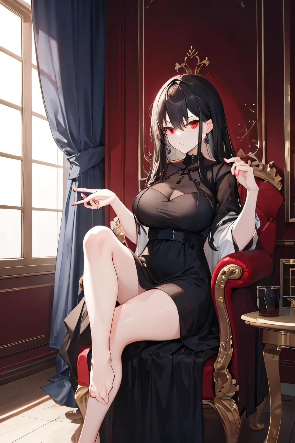 A girl sits on a chair at a huge table. Eyes look our way. Aggressive look, arrogant. The girl is wearing a dark dress. dark hair., Red eyes, adult.