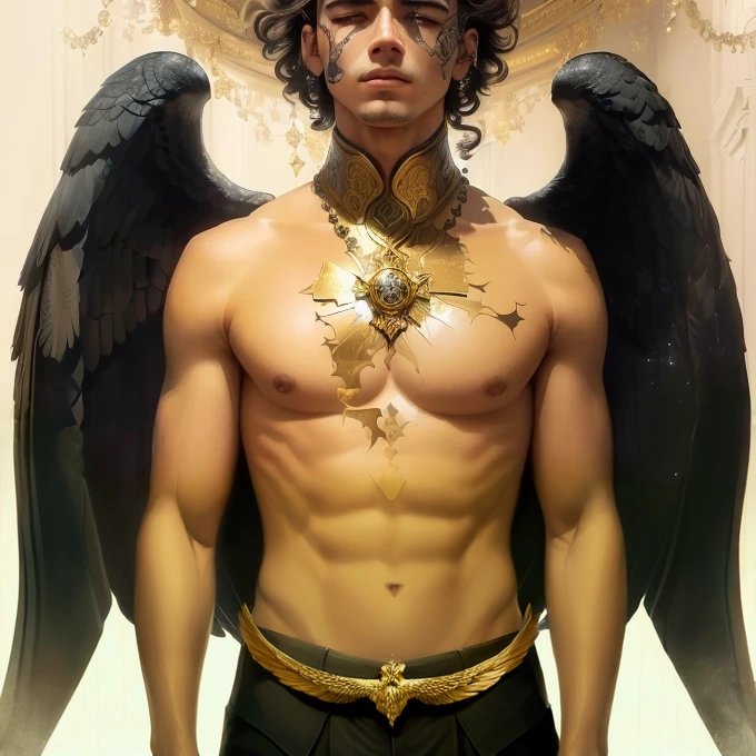 arafed male with a golden necklace and wings on his chest, winged boy, tom bagshaw donato giancola, winged human, luis ricardo falero, gold wings on head, inspired by Frank Xavier Leyendecker, charlie bowater and artgerm, donato giancola and tom bagshaw, by tom bagshaw and boris vallejo