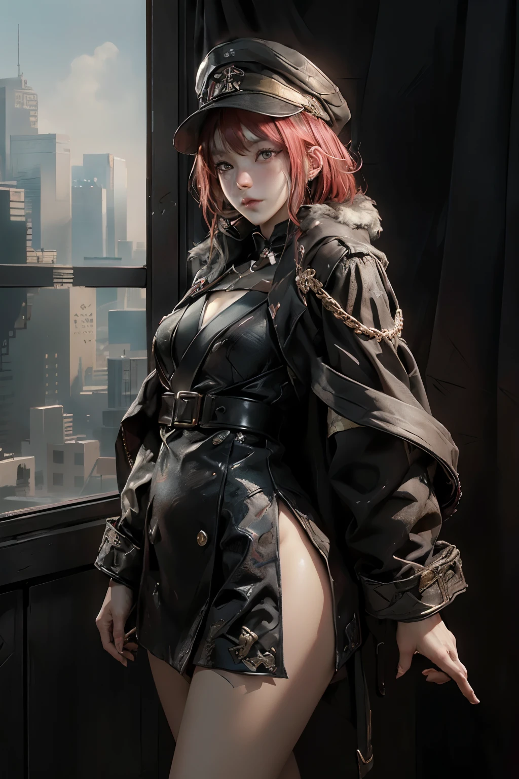 ((best quality)), ((Masterpiece)), (details:1.4), 3d, Image of a beautiful cyberpunk woman., HDR (high dynamic range), mature woman, เหมือนจริง, Curtain Bangs, Red hair, Red eyes, future police, PBR surface, After processing, Anisotropic filtration,depth of field, Maximum clarity and clarity, multi-layered surface, perfect proportions, 8K raw files, cyberpunk, at night, ผมหลายชั้น, short skirt, natural lighting, soft lighting, sunlight, หน้าอกใหญ่, a woman wearing a black gothic style military uniform, black military hat with gold details, iron cross symbol on the military hat, armor
