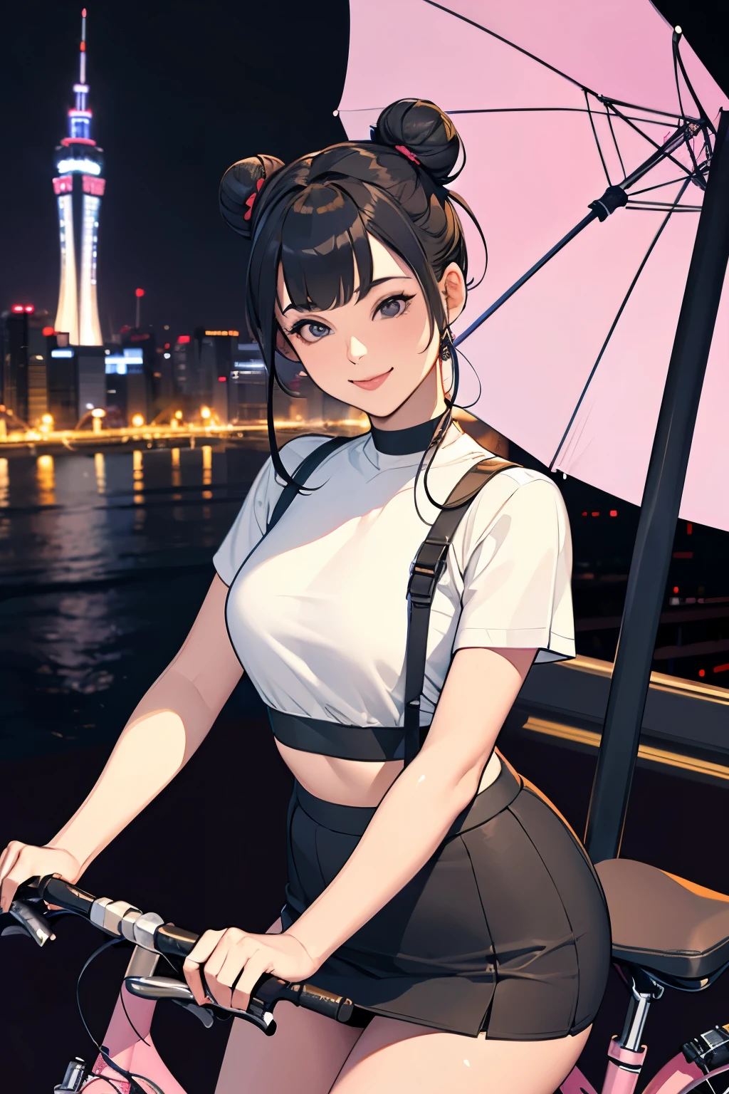 masterpiece、最高masterpiece、Masterpiece、beautiful girl、double bun hair, blunt bangs, Ultra mini skirt、Crop top、Midnight Tokyo、Night view、Riding a bike through the city、smile