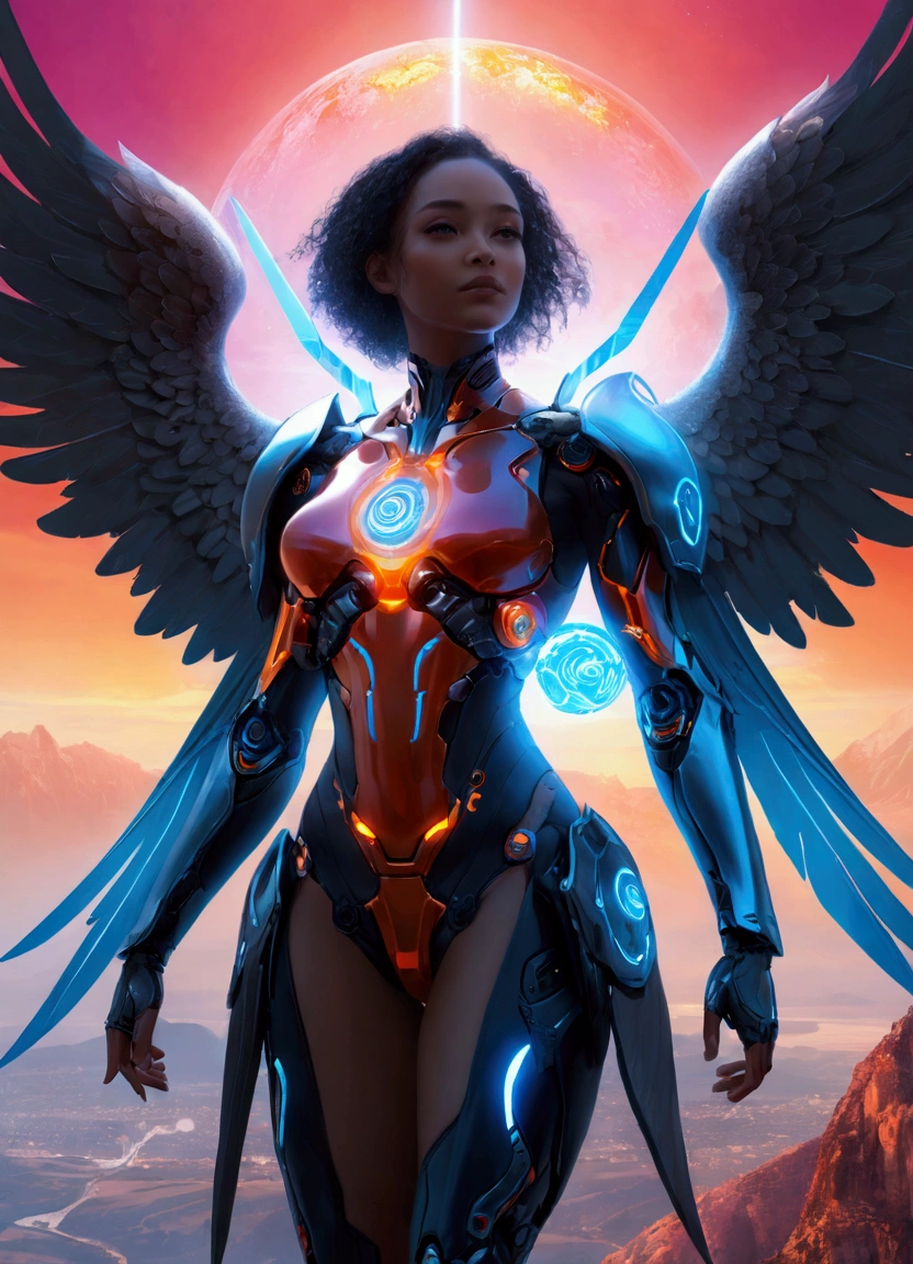 Concept Art、Science Fiction、((Inspired by imeon Solomon )), Cyborg Angel、eden, Sky mountain view, Orange cloud. Shining fluorescent feeling，transparency，Textured Matte，Rose red，blue， (best quality,4K,8k,highres,masterpiece:1.2)