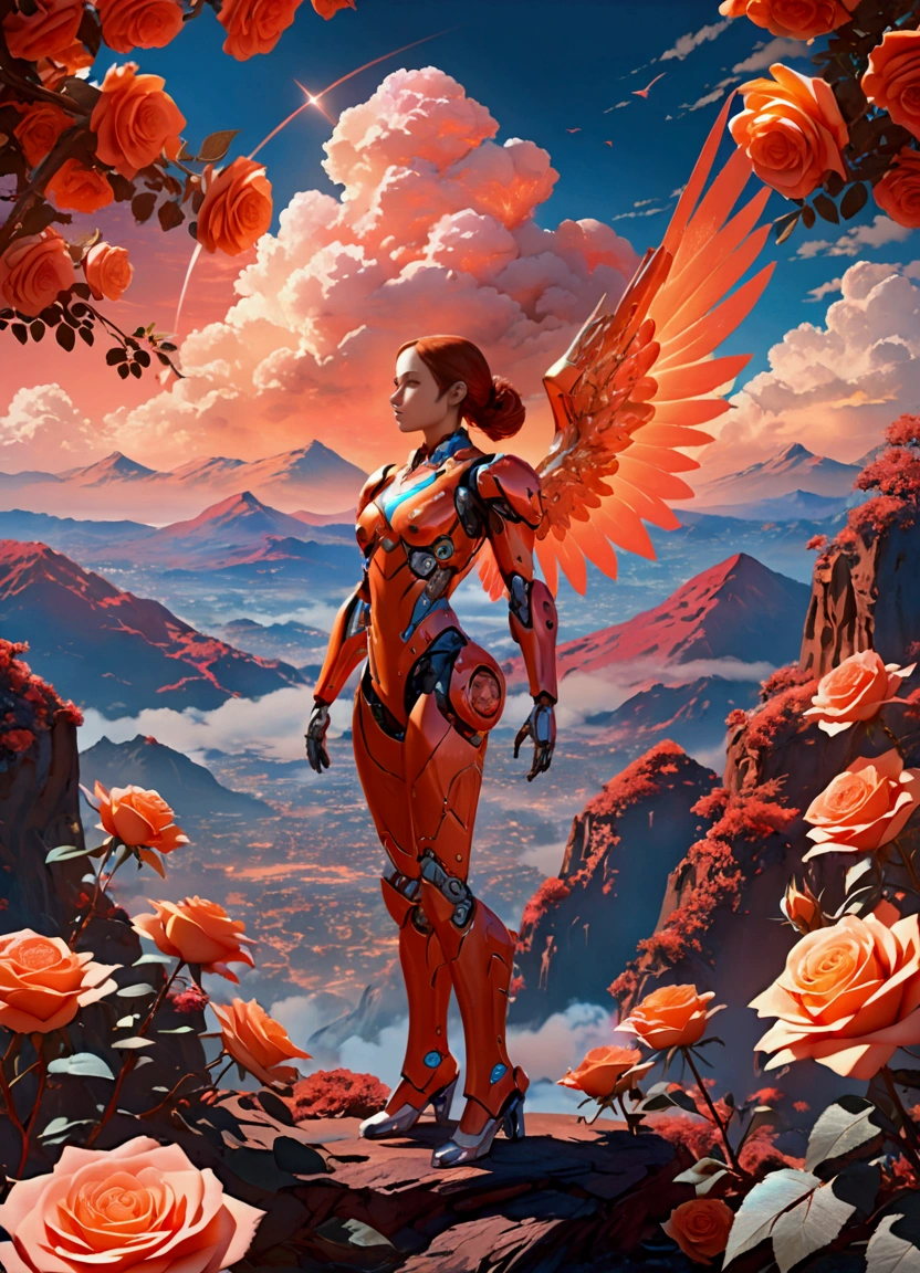 Concept Art、Science Fiction、((Inspired by imeon Solomon )), Cyborg Angel、eden, Sky mountain view, Orange cloud. Shining fluorescent feeling，transparency，Textured Matte，Rose red，blue， (best quality,4K,8k,highres,masterpiece:1.2)