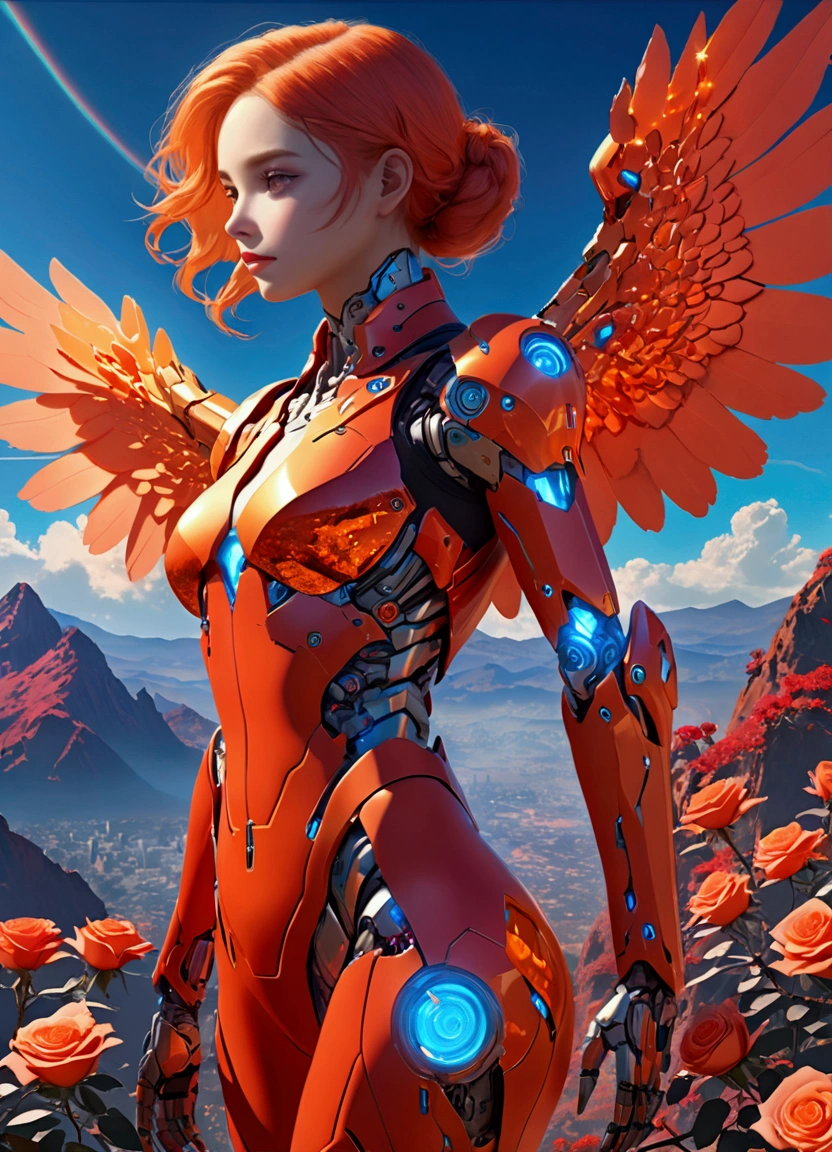 Concept Art、Science Fiction、((Inspired by imeon Solomon )), Cyborg Angel、eden, Sky mountain view, Orange cloud. Shining fluorescent feeling，transparency，Textured Matte，Rose red，blue， (best quality,4K,8k,highres,masterpiece:1.2)