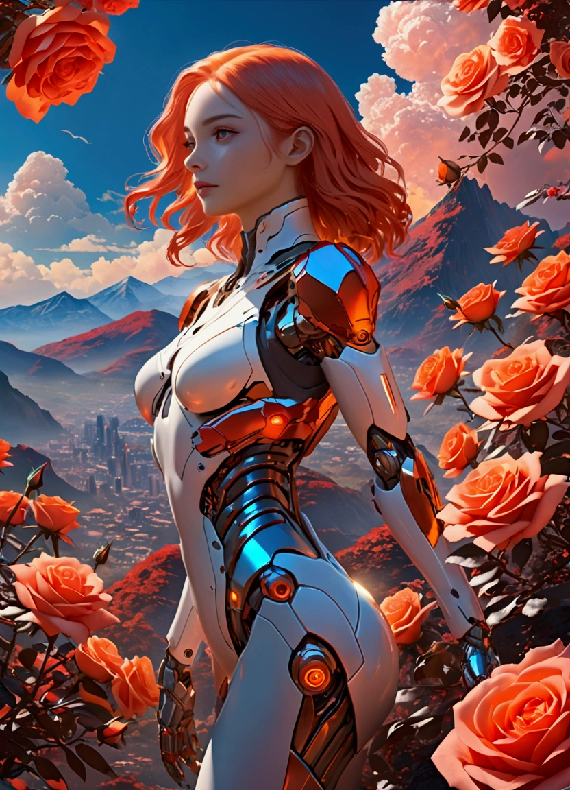 Concept Art、Science Fiction、((Inspired by imeon Solomon )), Cyborg Angel、eden, Sky mountain view, Orange cloud. Shining fluorescent feeling,transparency,Textured Matte,Rose red,blue, (best quality,4K,8k,highres,masterpiece:1.2)