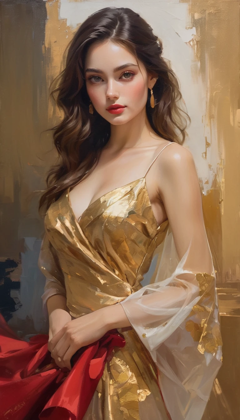 portrait of a beautiful young woman in the style of Philip de Laszlo, Michael Garmash, girl in a ball gown, thin strokes outlining your features, subtle highlights and shadows, soft lighting illuminating her face and dress Art style: realisitic, oil painting color palette: rico, warm tones with hints of gold and deep reds, contrasting with cold blues in the background Lighting: soft, diffuse light falling on woman&#39;s face, emphasizing her delicate features and the textures of the dress