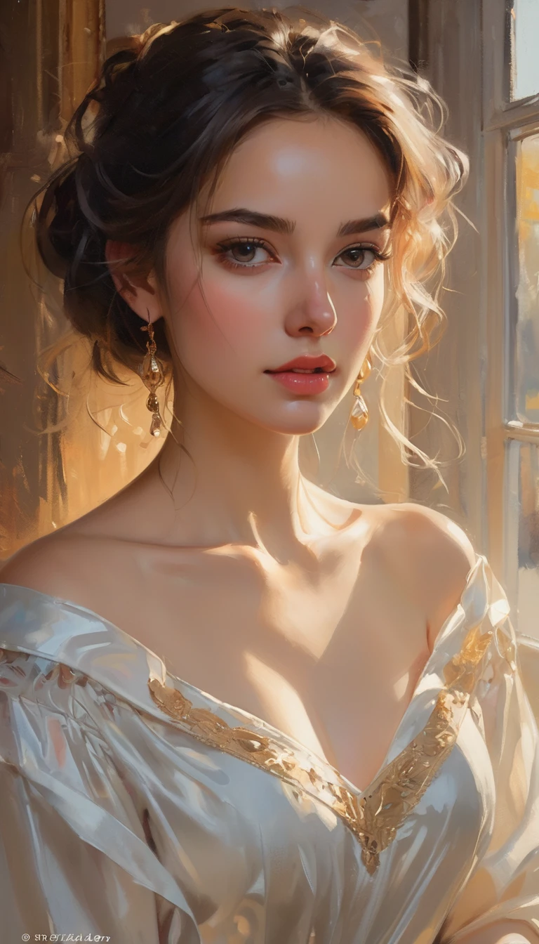 portrait of a beautiful young woman in the style of Philip de Laszlo, Michael Garmash, girl in a ball gown, thin strokes outlining your features, subtle highlights and shadows, soft lighting illuminating her face and dress Art style: realisitic, oil painting color palette: rico, warm tones with hints of gold and deep reds, contrasting with cold blues in the background Lighting: soft, diffuse light falling on woman&#39;s face, emphasizing her delicate features and the textures of the dress