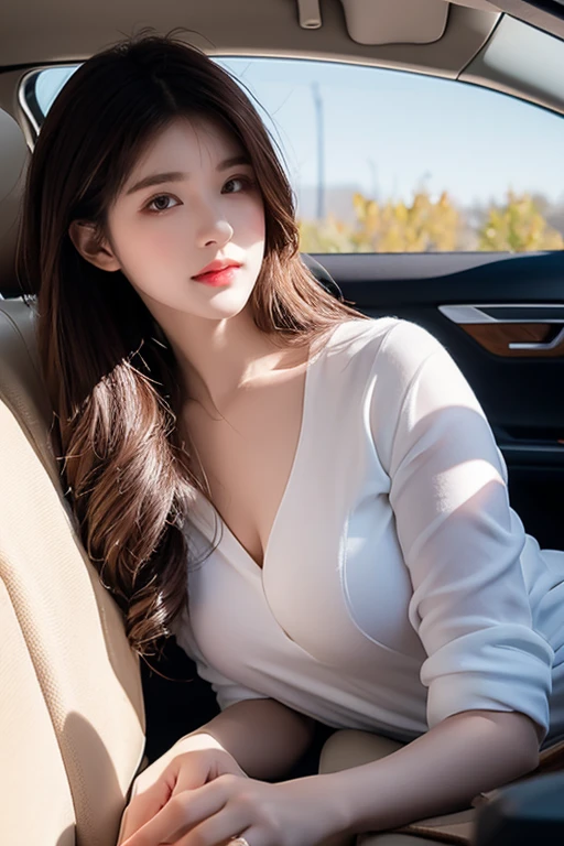 Top quality, RAW Photo, Highest Quality Image, 16K, Full body, Age 22 years old, Realistic, Photorealistic,  Beautiful Asian woman, Sexy, body, White pale skin, Beautiful hair, Wavy hair, Brown Hair,, Short hairstyle, Detailed face, Detailed body, Detailed skin, Double eyelids, Big eyes, long eyelashes, bright eyes, green eyes, natural lips, detailed lips, Saggy breasts, Very Small breasts, Flat Breasts, long shape breasts, posing in her car, sunny day light , light through Aspen trees, wearing white see through polyester shirt with all unbuttoned, no bra, Camera angle from below