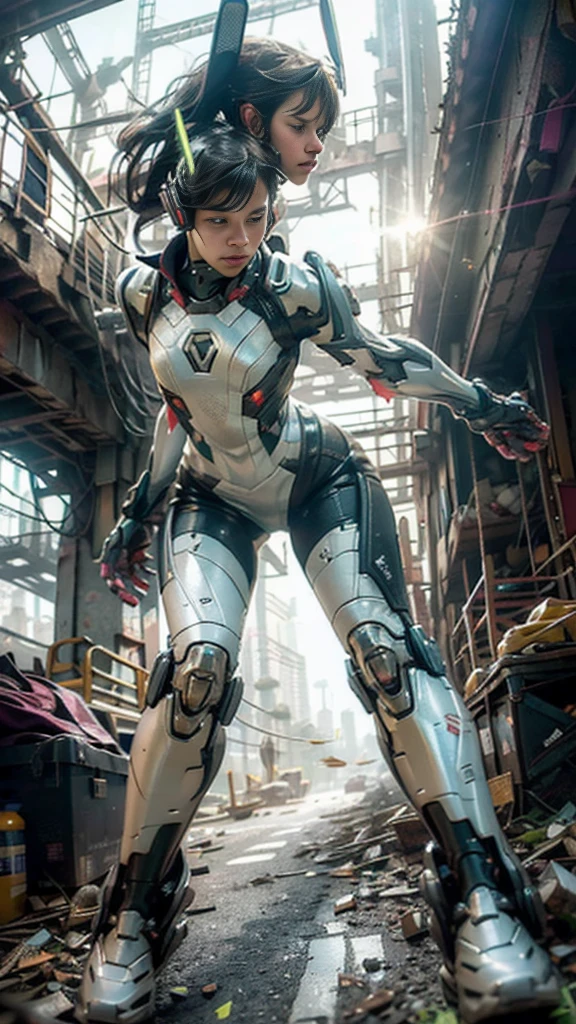 ((best quality)), ((masterpiece)), ((realistic)), (detailed), (photo-realistic:1.5), futuristic girl, (thick body), (white bodysuit), lights on armor, cybernetic headset, looking at viewer, dynamic pose, post-apocalyptic, destroyed city background, buildings on fire, sci-fi, high resolution, ray tracing, super resolution, subsurface scattering, PBR texturing, anisotropic filtering, depth of field, best sharpness and clarity, rule of thirds, 8K RAW, (luminous particles:1.4), (extremely detailed cg, unity 8k wallpaper, 3d, cinematic lighting, lens flare), reflection, sharp focus, cyberpunk art, cyberpunk architecture, moisturized skin, realistic body, (16 years old), (girl), (cute face), vivid colors, exciting atmosphere, unique, playful interaction, lively crowd, wind blowing, fantastic, dynamic, (fisheye lens), neon, cyberpunk movie, cyberpunk city, fight, war,
