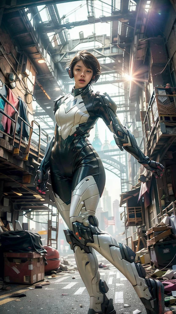 ((best quality)), ((masterpiece)), ((realistic)), (detailed), (photo-realistic:1.5), futuristic girl, (thick body), (white bodysuit), lights on armor, cybernetic headset, looking at viewer, dynamic pose, post-apocalyptic, destroyed city background, buildings on fire, sci-fi, high resolution, ray tracing, super resolution, subsurface scattering, PBR texturing, anisotropic filtering, depth of field, best sharpness and clarity, rule of thirds, 8K RAW, (luminous particles:1.4), (extremely detailed cg, unity 8k wallpaper, 3d, cinematic lighting, lens flare), reflection, sharp focus, cyberpunk art, cyberpunk architecture, moisturized skin, realistic body, (16 years old), (girl), (cute face), vivid colors, exciting atmosphere, unique, playful interaction, lively crowd, wind blowing, fantastic, dynamic, (fisheye lens), neon, cyberpunk movie, cyberpunk city, fight, war,