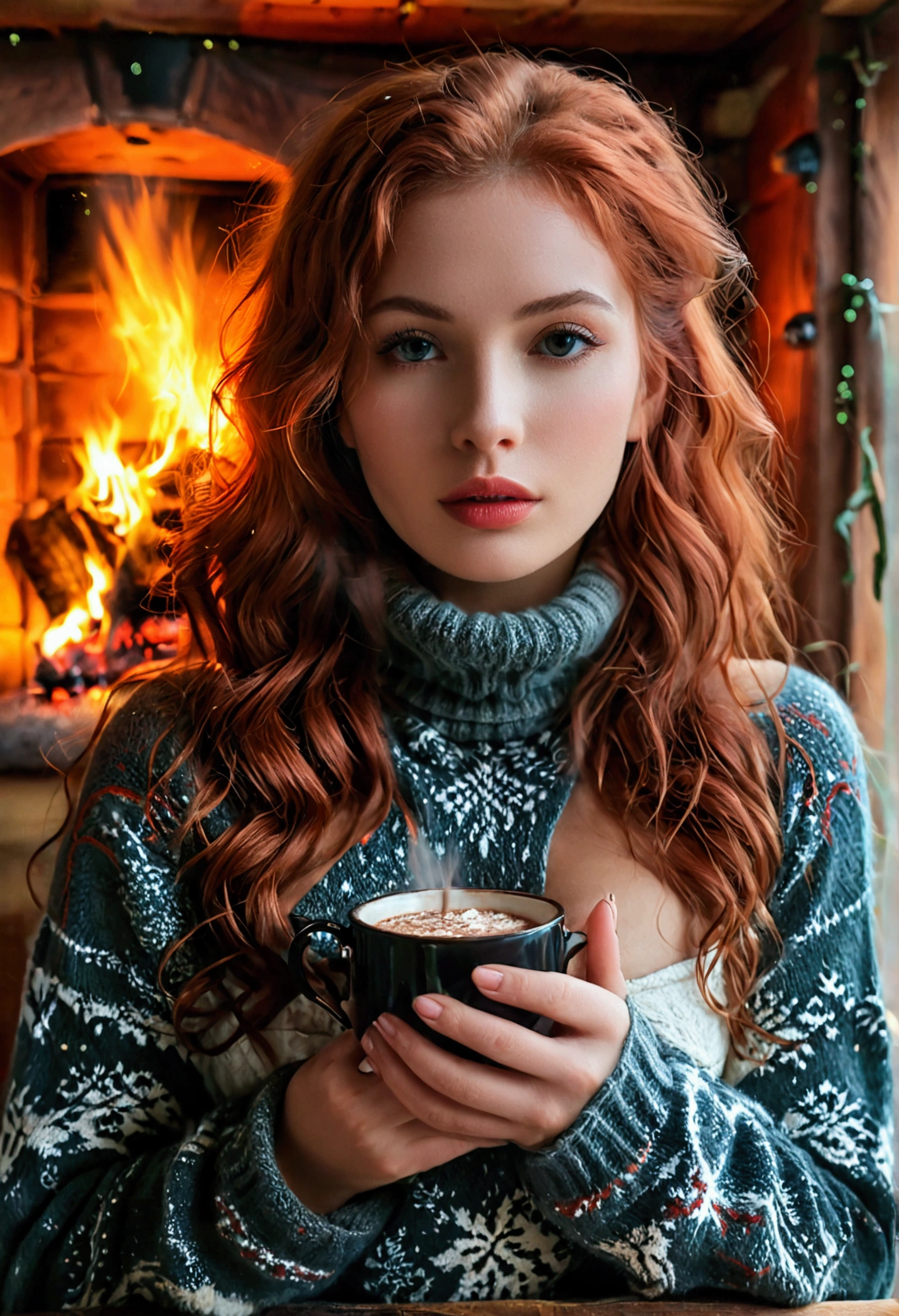 An ultra hot beautiful european woman, age 23, red wavy hair. she's a playmate with natural medium breasts, men magazine model, enjoying a cozy evening at the fireplace in a wooden cabin. She wears a turtleneck winter color wool sweater with cleavage and tight shorts. Trough the window, winter starry night. Northern lights, Perfect anatomy, perfect hair, perfect breast, perfect body, perfect hands, perfect face, UHD, retina, masterpiece, accurate, anatomically correct, textured skin, holding a cup of steaming hot chocolate in her hands