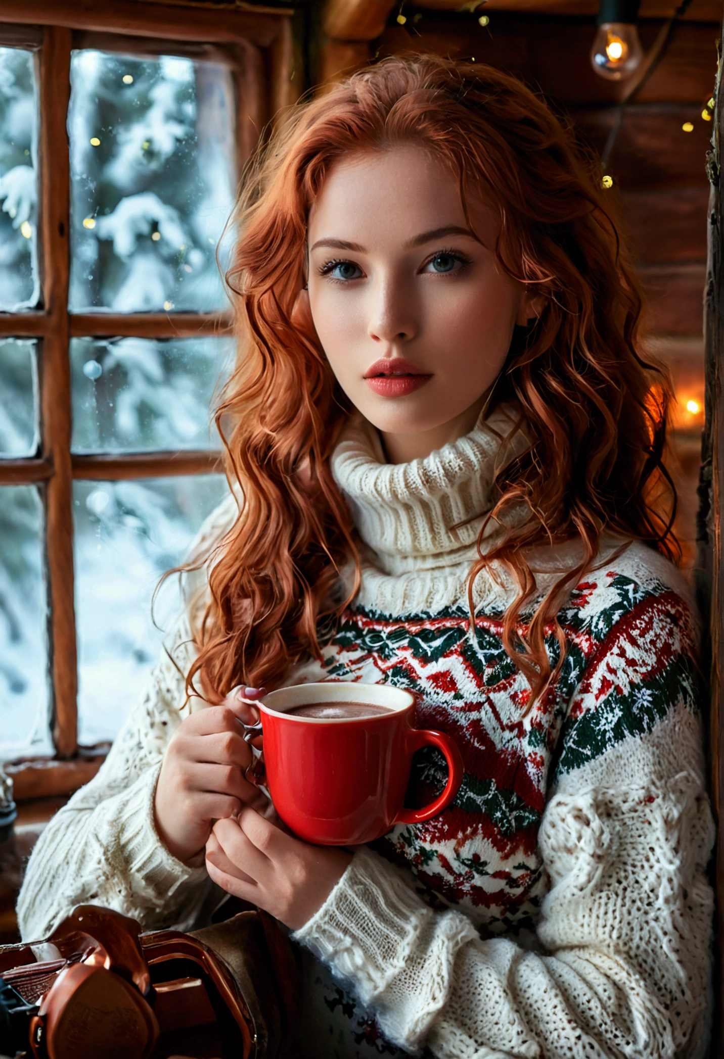 An ultra hot beautiful european woman, age 23, red wavy hair. she's a playmate with natural medium breasts, men magazine model, enjoying a cozy evening at the fireplace in a wooden cabin. She wears a turtleneck winter color wool sweater with cleavage and tight shorts. Trough the window, winter starry night. Northern lights, Perfect anatomy, perfect hair, perfect breast, perfect body, perfect hands, perfect face, UHD, retina, masterpiece, accurate, anatomically correct, textured skin, holding a cup of steaming hot chocolate in her hands