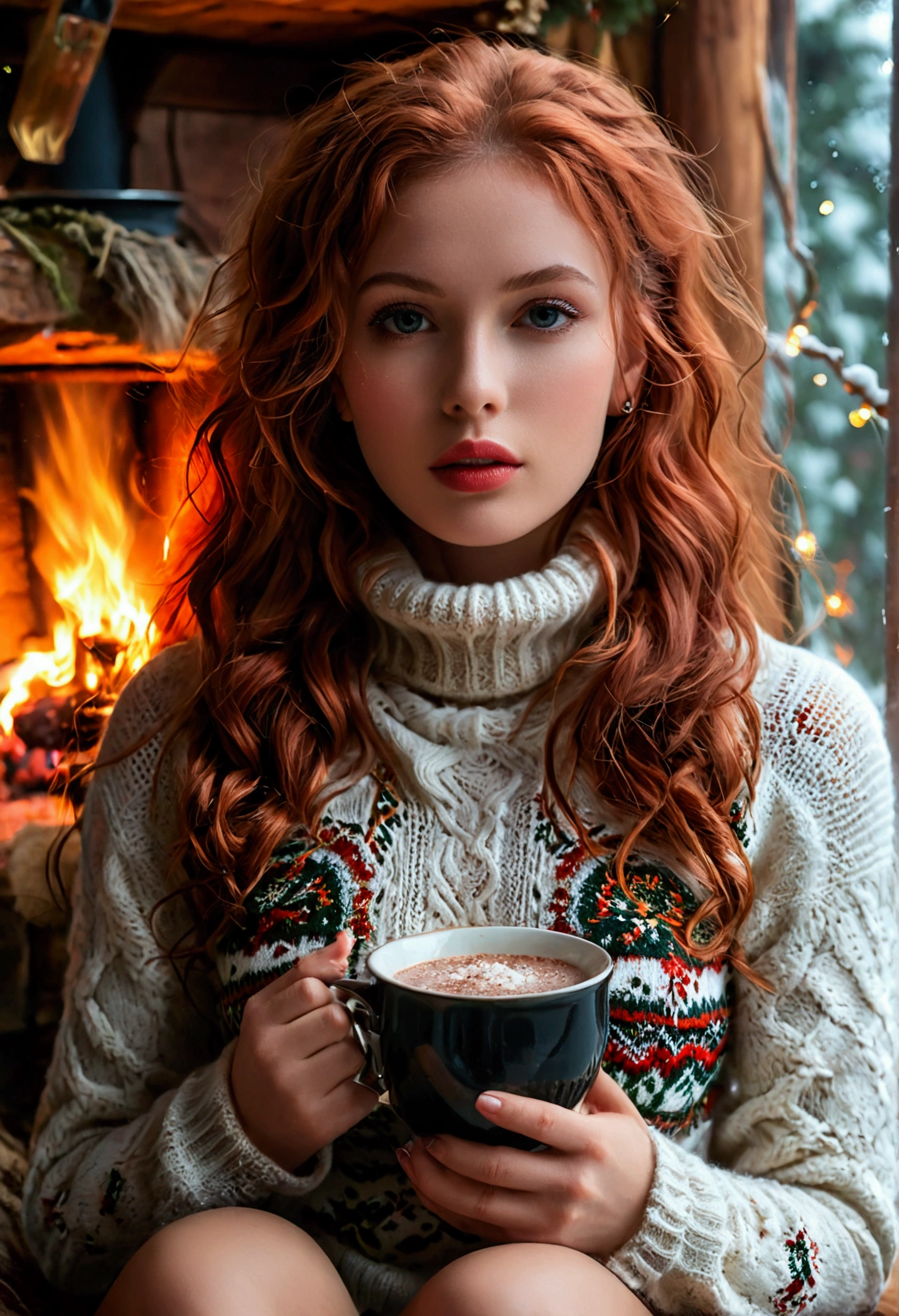 An ultra hot beautiful european woman, age 23, red wavy hair. she's a playmate with natural medium breasts, men magazine model, enjoying a cozy evening at the fireplace in a wooden cabin. She wears a turtleneck winter color wool sweater with cleavage and tight shorts. Trough the window, winter starry night. Northern lights, Perfect anatomy, perfect hair, perfect breast, perfect body, perfect hands, perfect face, UHD, retina, masterpiece, accurate, anatomically correct, textured skin, holding a cup of steaming hot chocolate in her hands